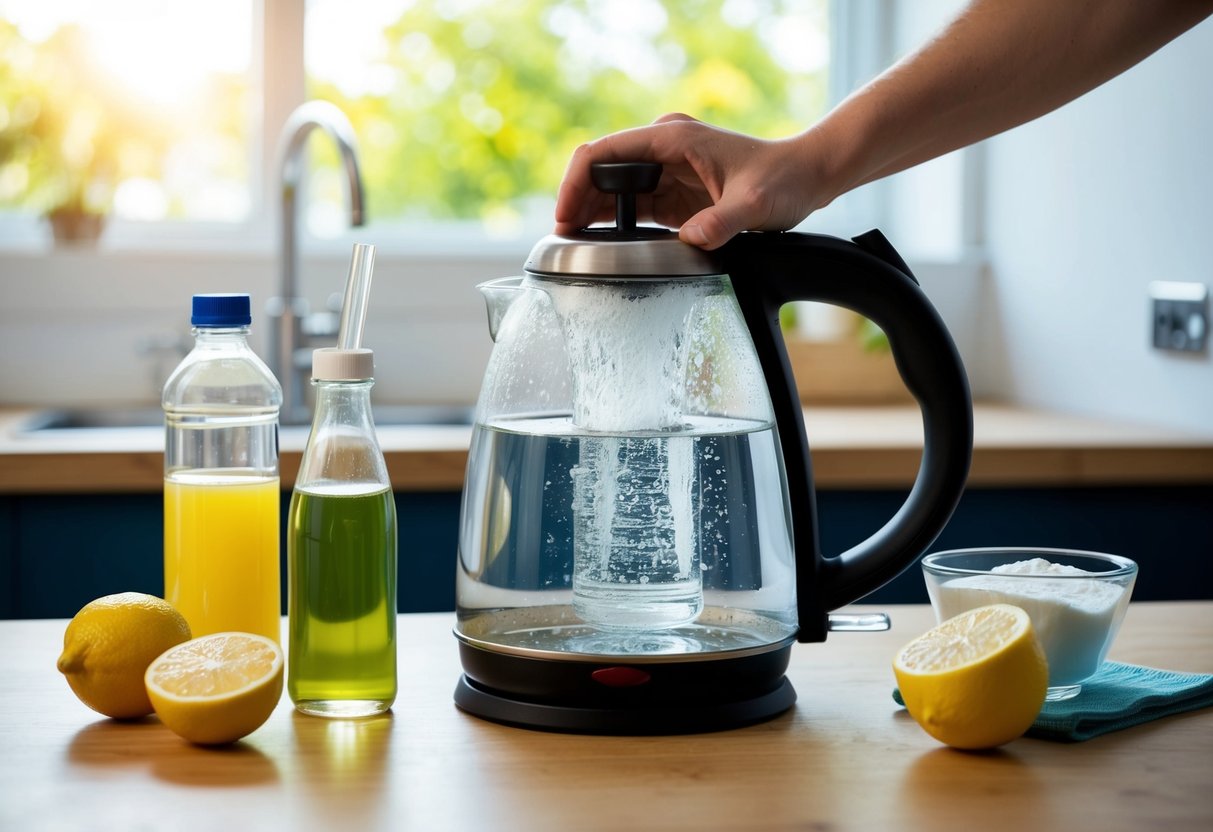 En vattenkokare med kalkavlagringar som rengörs med olika metoder som vinäger, citronsaft och bakpulver.